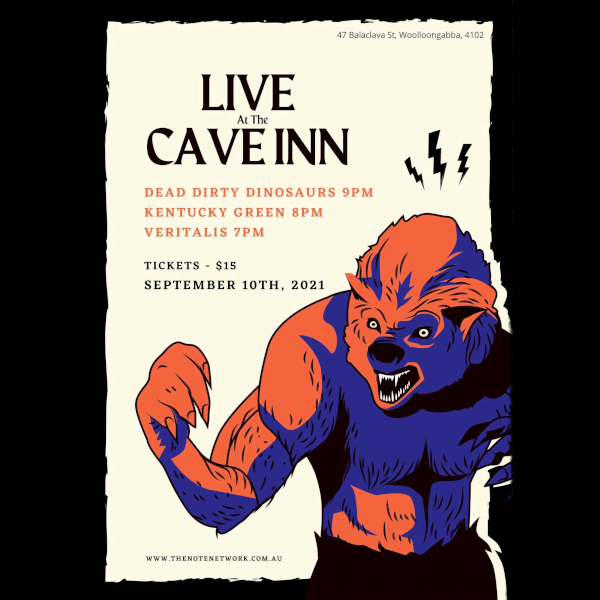 LIVE at The Cave Inn, Friday 10 September 2021: Dead Dirty Dinosaurs (9pm), Kentucky Green (8pm) & Veritalis (7pm)
